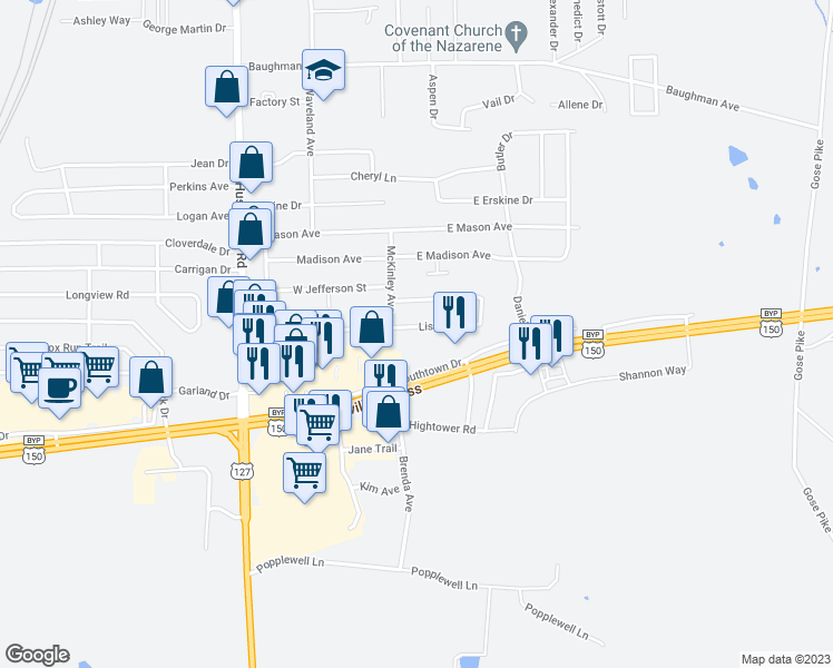 map of restaurants, bars, coffee shops, grocery stores, and more near 108 Lisa Avenue in Danville