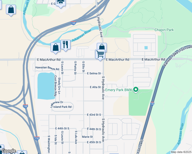 map of restaurants, bars, coffee shops, grocery stores, and more near 1629 East Selma Street in Wichita