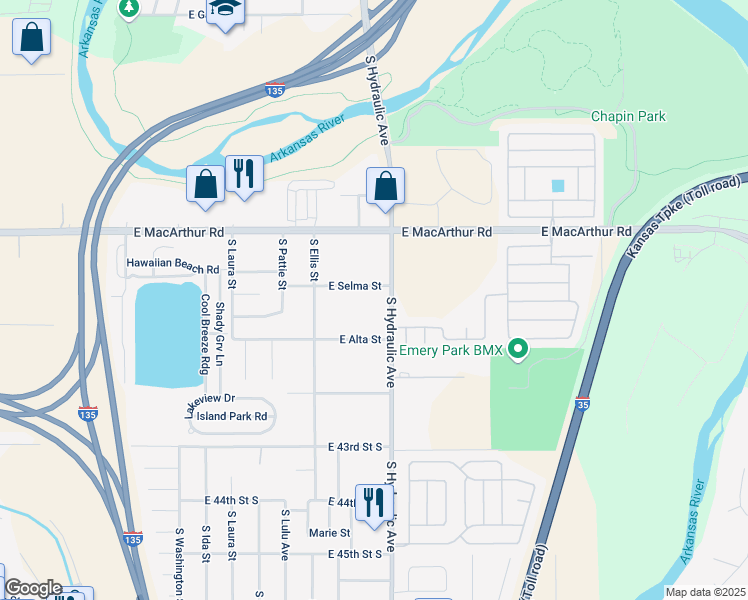 map of restaurants, bars, coffee shops, grocery stores, and more near 1629 East Selma Street in Wichita