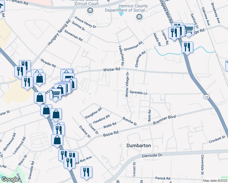 map of restaurants, bars, coffee shops, grocery stores, and more near 4611 Sprenkle Lane in Henrico