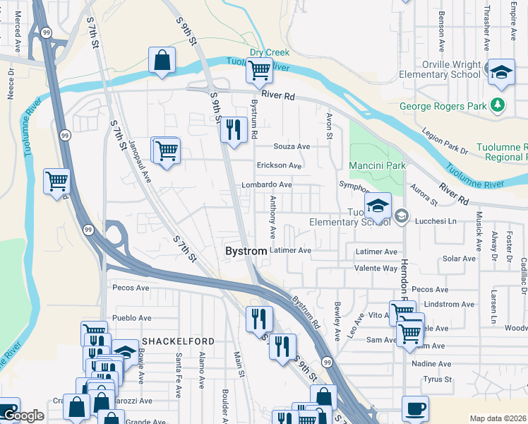 map of restaurants, bars, coffee shops, grocery stores, and more near 718 Bystrum Road in Modesto