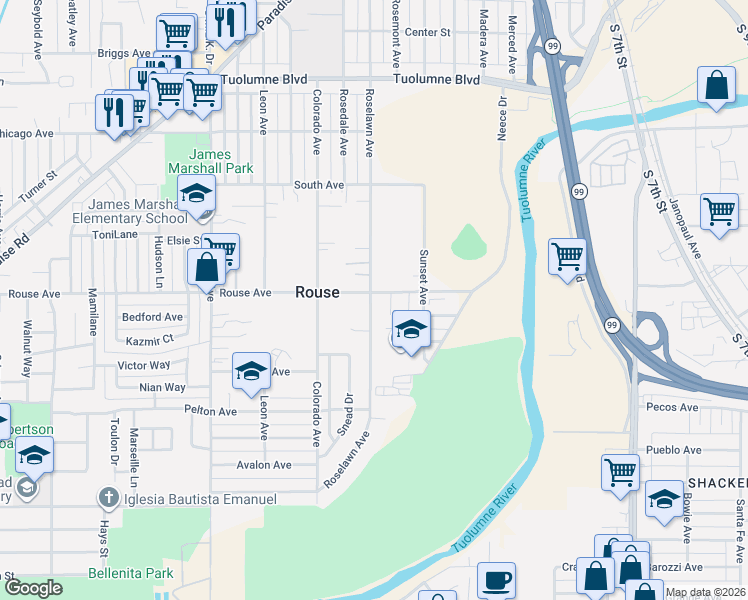 map of restaurants, bars, coffee shops, grocery stores, and more near 716 Roselawn Avenue in Modesto