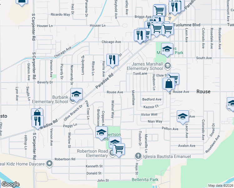 map of restaurants, bars, coffee shops, grocery stores, and more near 708 Hammond Street in Modesto