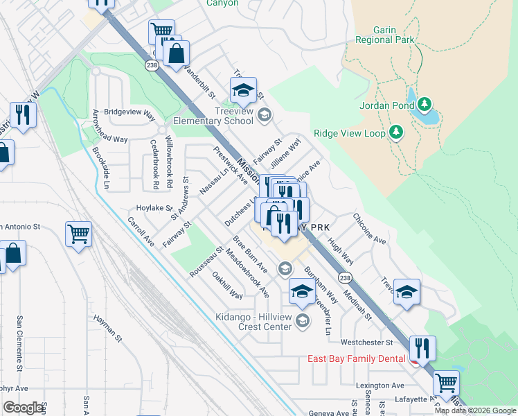 map of restaurants, bars, coffee shops, grocery stores, and more near 31005 Mission Boulevard in Hayward