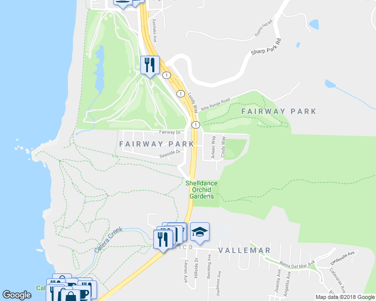 map of restaurants, bars, coffee shops, grocery stores, and more near 751 Bradford Way in Pacifica