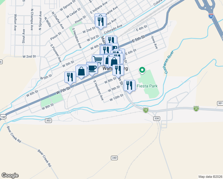 map of restaurants, bars, coffee shops, grocery stores, and more near 901 South Albert Avenue in Walsenburg