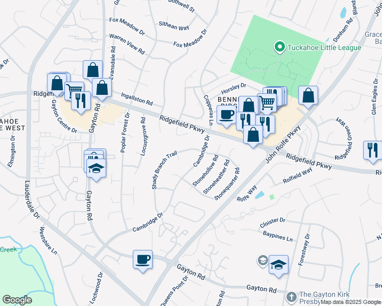 map of restaurants, bars, coffee shops, grocery stores, and more near 2027 Shady Branch Trail in Richmond