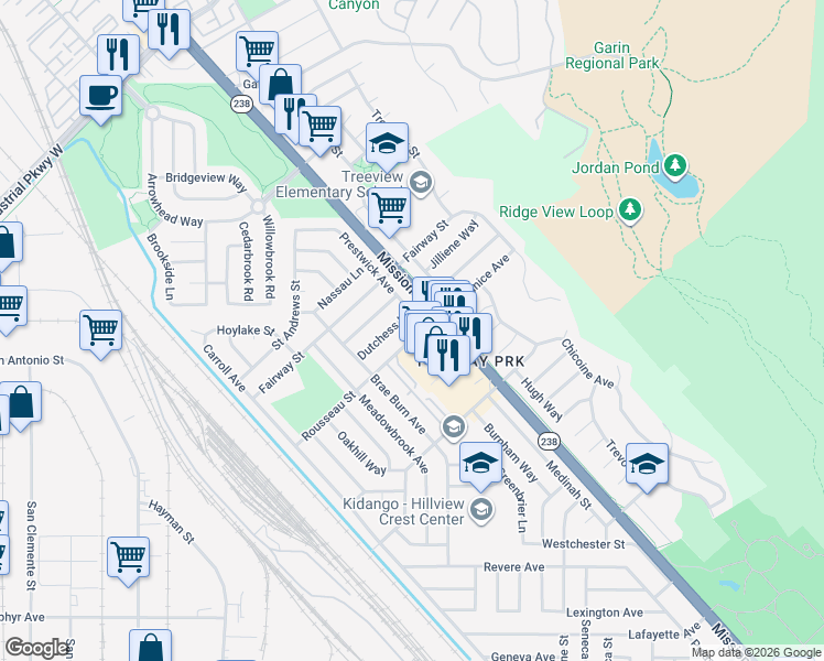 map of restaurants, bars, coffee shops, grocery stores, and more near 31005 Mission Boulevard in Hayward