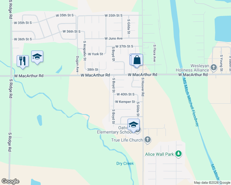 map of restaurants, bars, coffee shops, grocery stores, and more near 4101 Boyd in Wichita