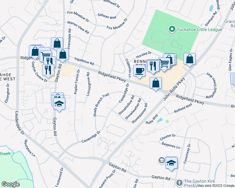 map of restaurants, bars, coffee shops, grocery stores, and more near 2027 Shady Branch Trail in Richmond