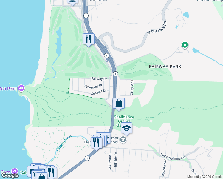 map of restaurants, bars, coffee shops, grocery stores, and more near 751 Bradford Way in Pacifica