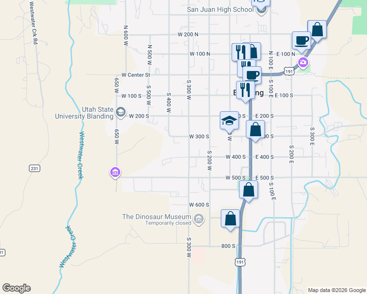 map of restaurants, bars, coffee shops, grocery stores, and more near 386 South 300 West in Blanding