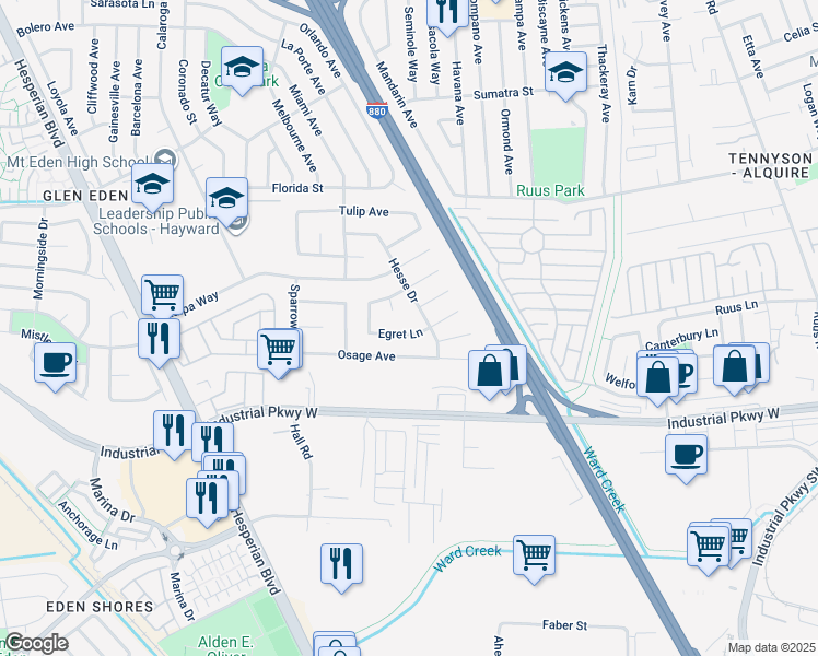 map of restaurants, bars, coffee shops, grocery stores, and more near 1842 Egret Lane in Hayward