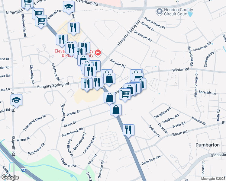 map of restaurants, bars, coffee shops, grocery stores, and more near in Henrico County