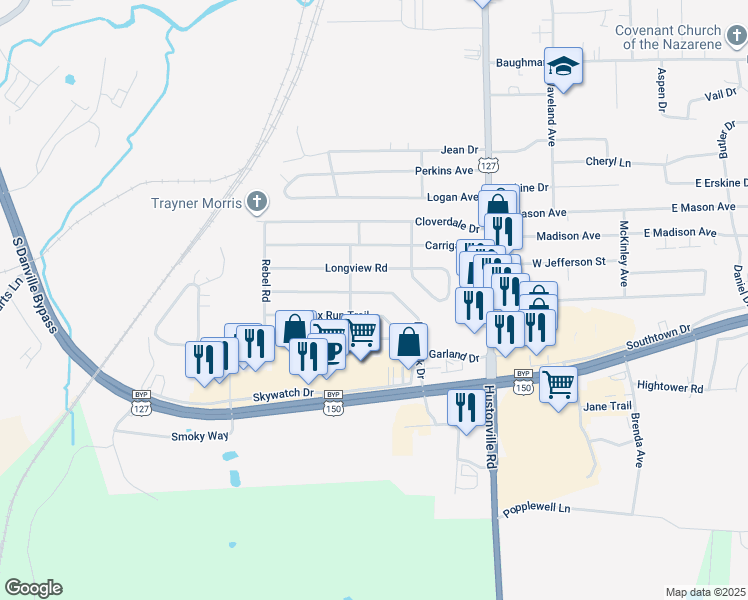 map of restaurants, bars, coffee shops, grocery stores, and more near 115 Fox Run Trail in Danville
