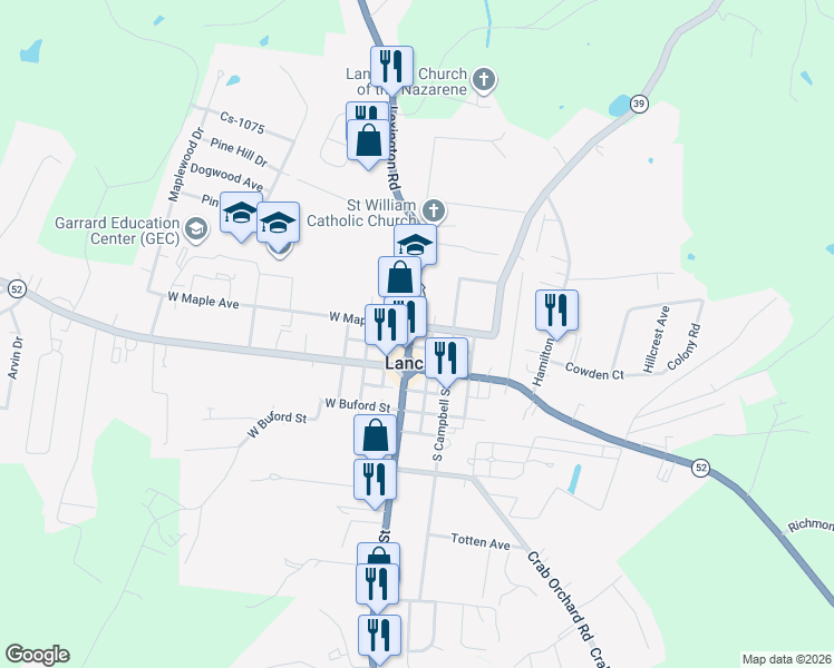 map of restaurants, bars, coffee shops, grocery stores, and more near 75 Public Square in Lancaster