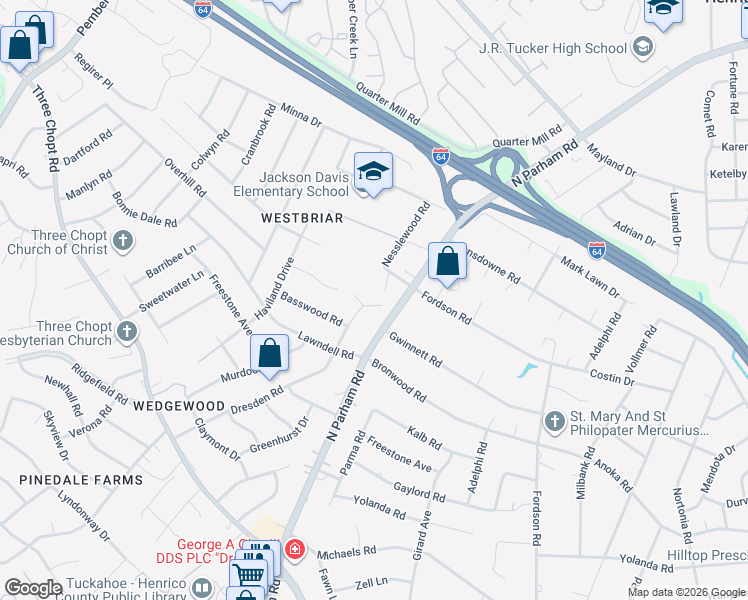 map of restaurants, bars, coffee shops, grocery stores, and more near 2119 Dresden Road in Richmond