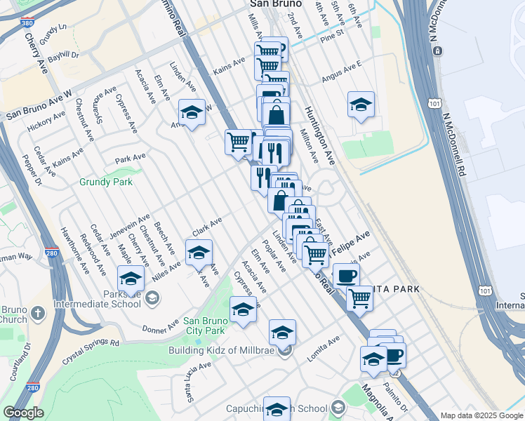 map of restaurants, bars, coffee shops, grocery stores, and more near 398 Linden Avenue in San Bruno
