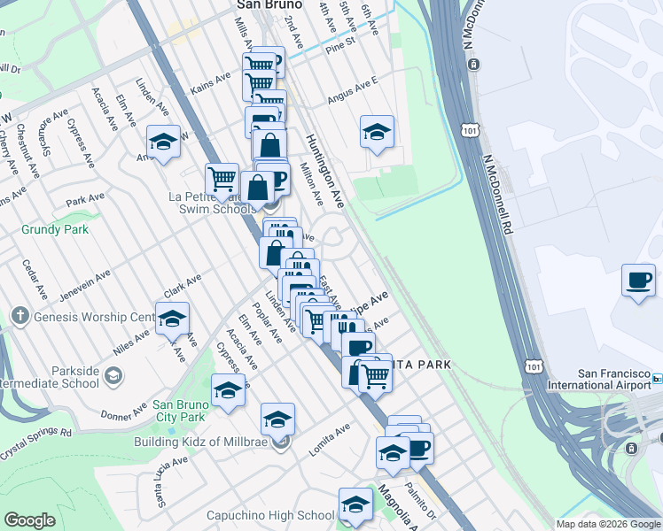 map of restaurants, bars, coffee shops, grocery stores, and more near 264 San Anselmo Avenue North in San Bruno