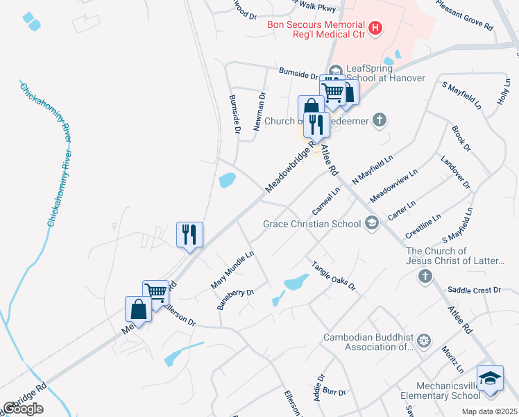 map of restaurants, bars, coffee shops, grocery stores, and more near 8383 Meadowbridge Road in Mechanicsville