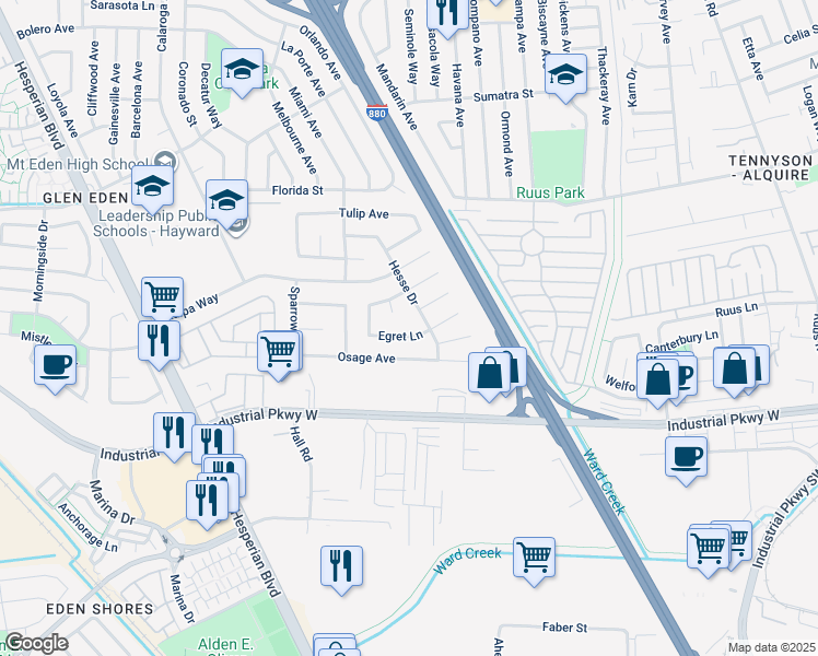 map of restaurants, bars, coffee shops, grocery stores, and more near 1842 Egret Lane in Hayward