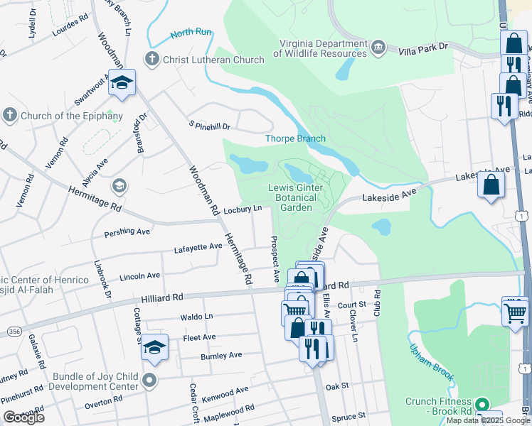 map of restaurants, bars, coffee shops, grocery stores, and more near 7216 Prospect Avenue in Henrico