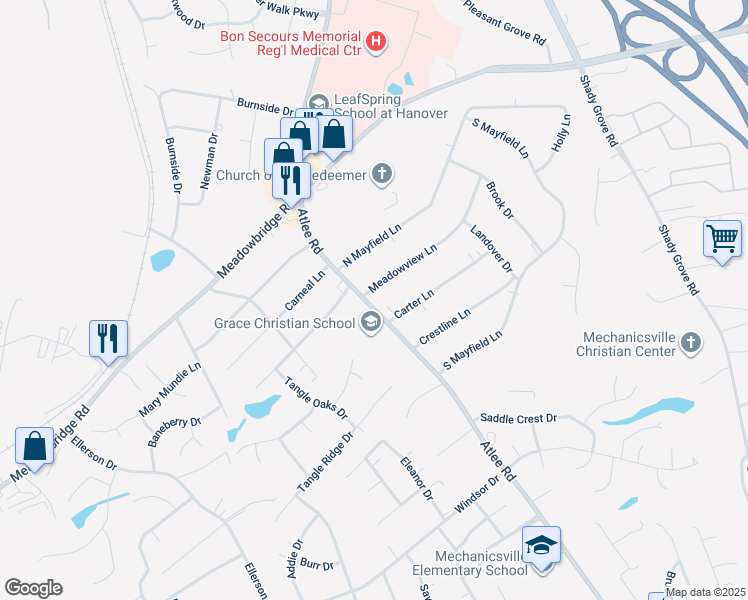 map of restaurants, bars, coffee shops, grocery stores, and more near 8259 Meadowview Lane in Mechanicsville