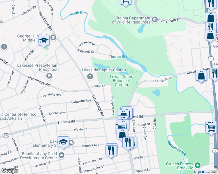 map of restaurants, bars, coffee shops, grocery stores, and more near 7216 Prospect Avenue in Henrico