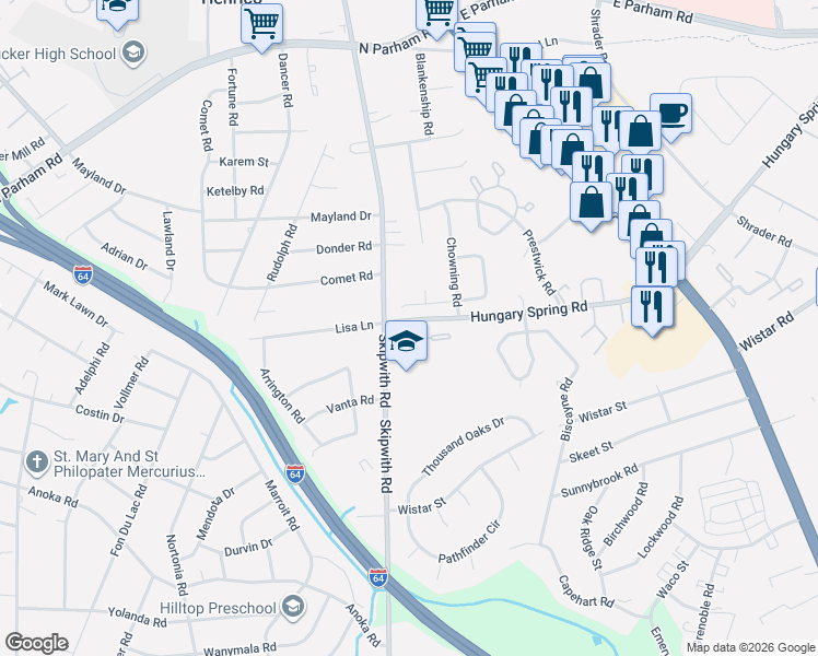 map of restaurants, bars, coffee shops, grocery stores, and more near 2401 Skipwith Road in Henrico