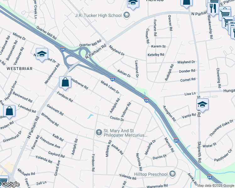 map of restaurants, bars, coffee shops, grocery stores, and more near 8303 Mark Lawn Drive in Henrico