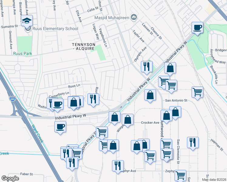 map of restaurants, bars, coffee shops, grocery stores, and more near 29424 Providence Way in Hayward