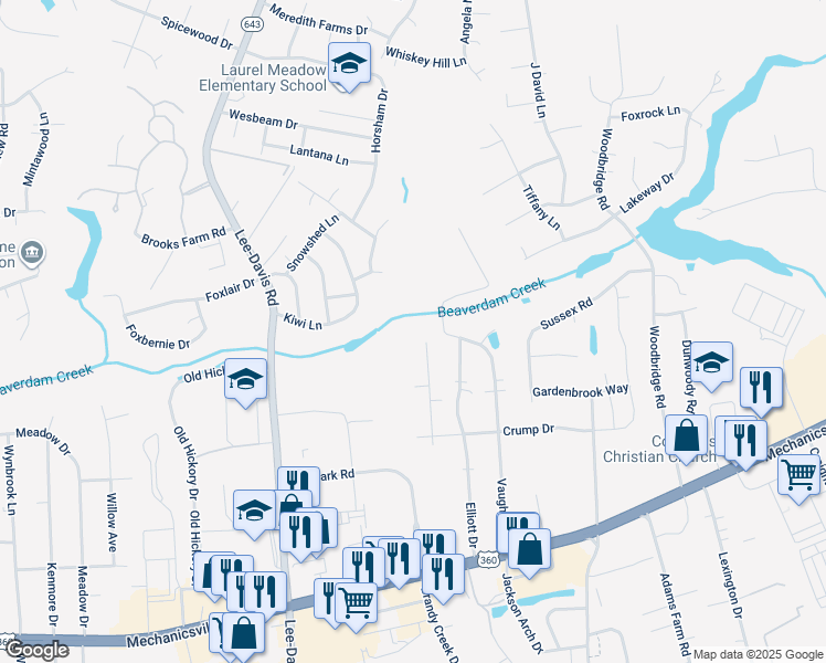 map of restaurants, bars, coffee shops, grocery stores, and more near 8073 Coberly Court in Mechanicsville