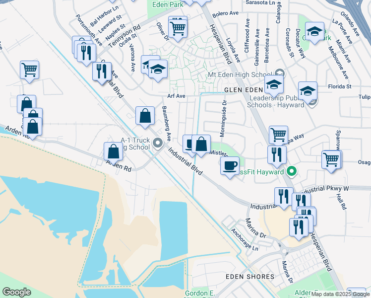 map of restaurants, bars, coffee shops, grocery stores, and more near 2696 Pueblo Creek in Hayward