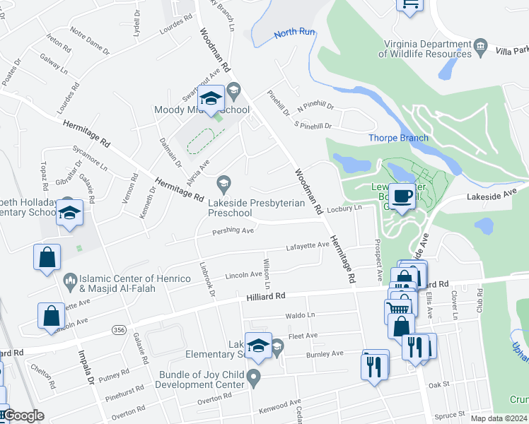 map of restaurants, bars, coffee shops, grocery stores, and more near 7327 Hermitage Road in Henrico