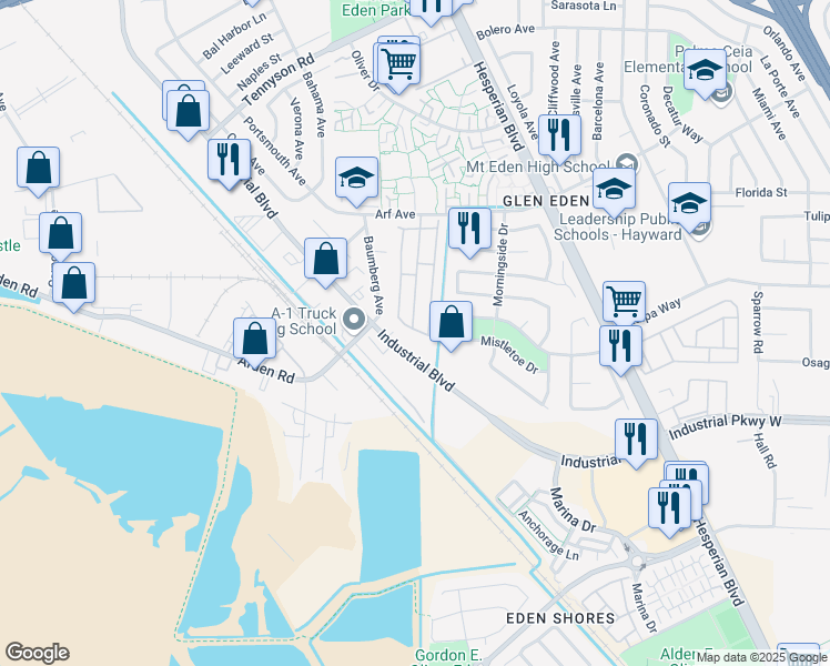 map of restaurants, bars, coffee shops, grocery stores, and more near 2696 Pueblo Creek in Hayward