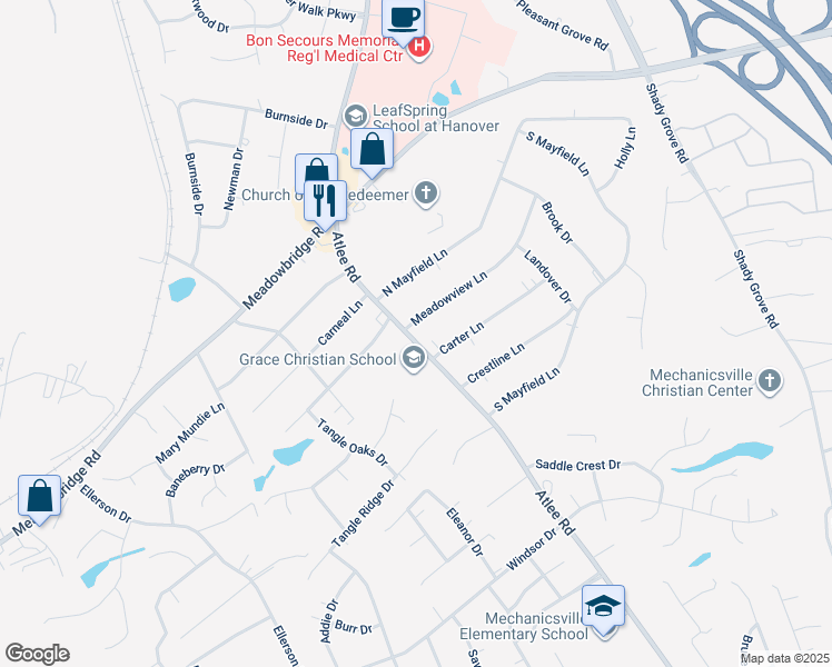 map of restaurants, bars, coffee shops, grocery stores, and more near 8259 Meadowview Lane in Mechanicsville