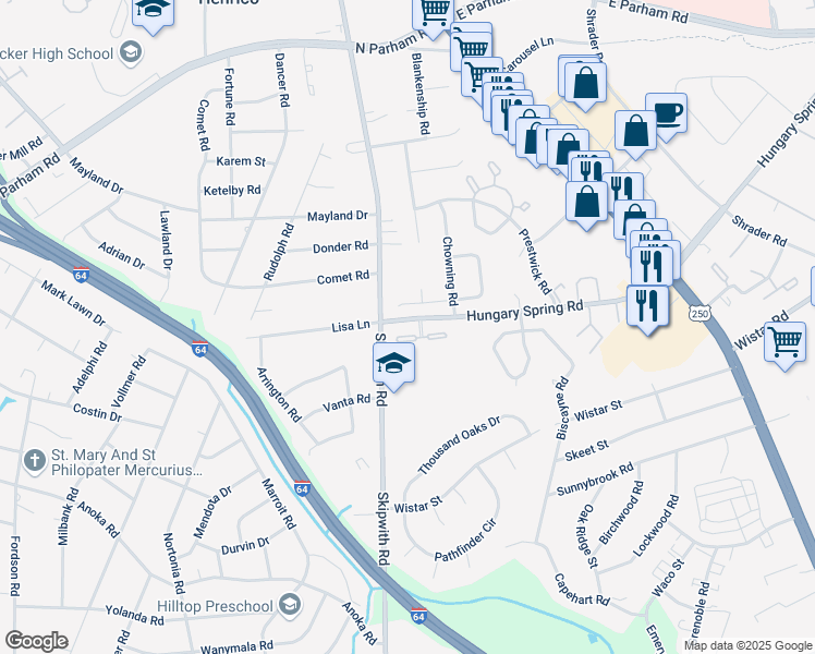 map of restaurants, bars, coffee shops, grocery stores, and more near 2401 Skipwith Road in Henrico