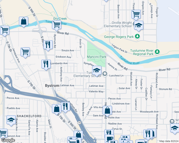 map of restaurants, bars, coffee shops, grocery stores, and more near 1101 Sonora Avenue in Modesto