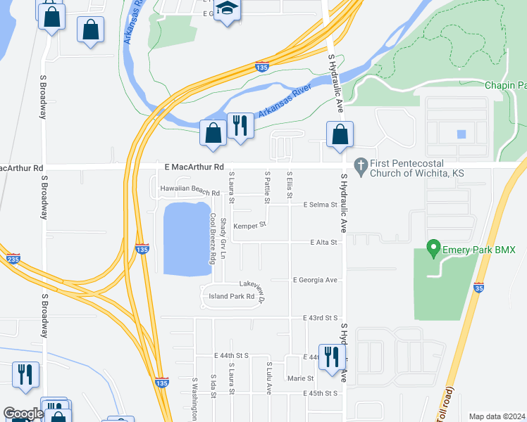 map of restaurants, bars, coffee shops, grocery stores, and more near 4133 South Pattie Street in Wichita