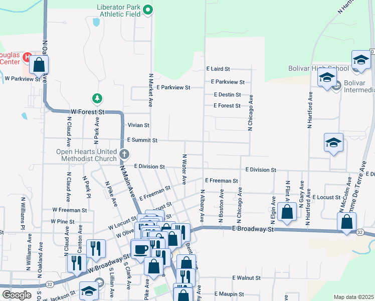 map of restaurants, bars, coffee shops, grocery stores, and more near 701-717 North Water Avenue in Bolivar