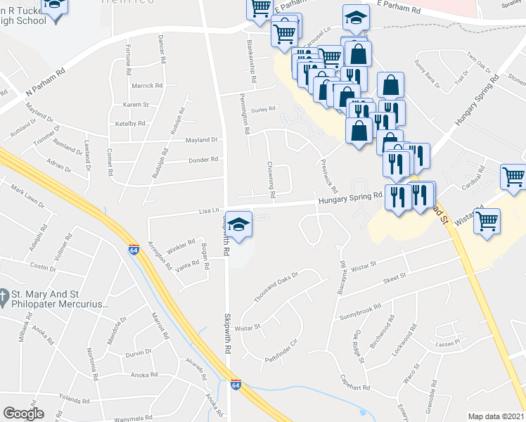 map of restaurants, bars, coffee shops, grocery stores, and more near 53 Skipwith Green Circle in Henrico