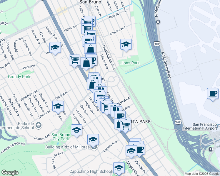 map of restaurants, bars, coffee shops, grocery stores, and more near 264 San Anselmo Avenue North in San Bruno