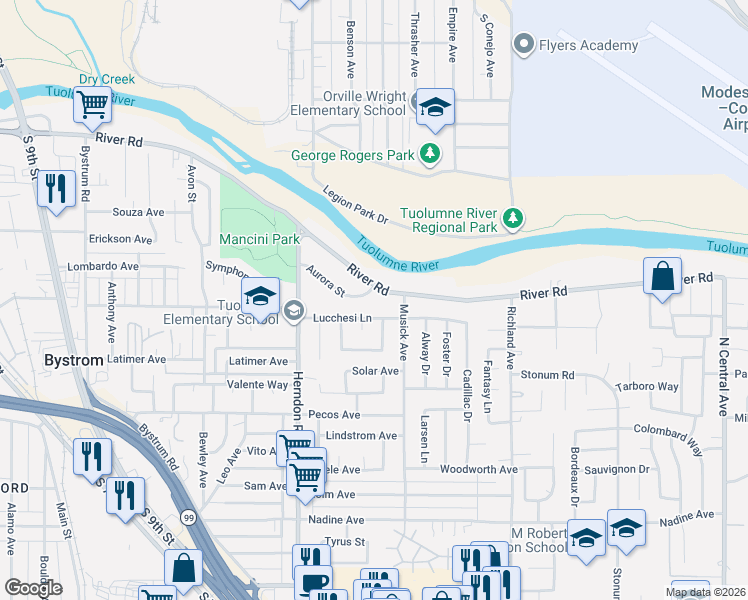 map of restaurants, bars, coffee shops, grocery stores, and more near 1425 Lucchesi Lane in Modesto