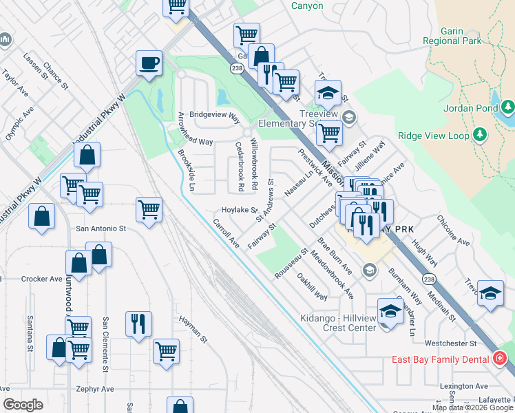 map of restaurants, bars, coffee shops, grocery stores, and more near 190 Saint Andrews Street in Hayward