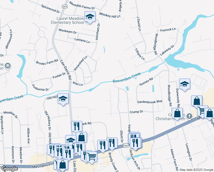 map of restaurants, bars, coffee shops, grocery stores, and more near 8073 Coberly Court in Mechanicsville