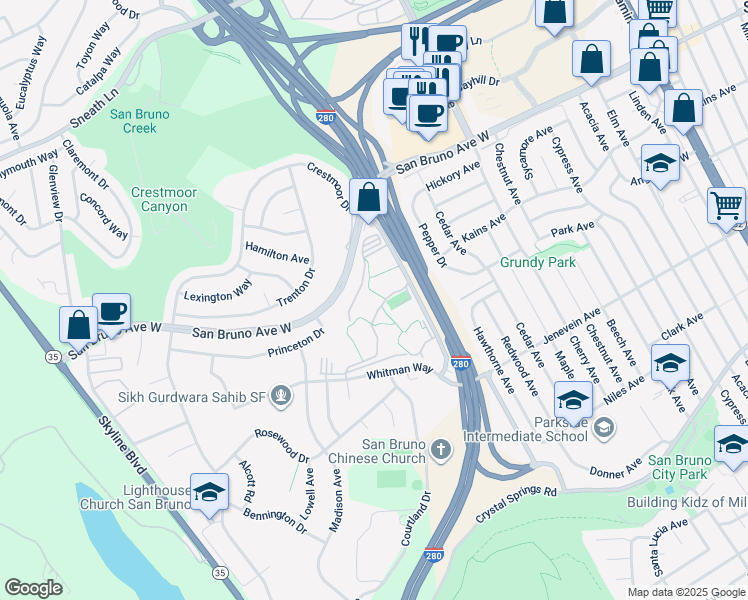 map of restaurants, bars, coffee shops, grocery stores, and more near 8150 Shelter Creek Lane in San Bruno
