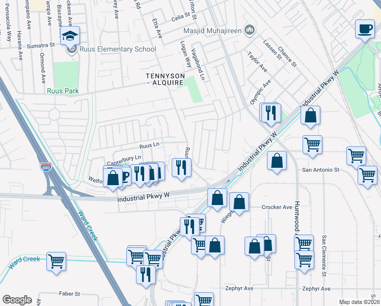 map of restaurants, bars, coffee shops, grocery stores, and more near 29413 Sandburg Way in Hayward