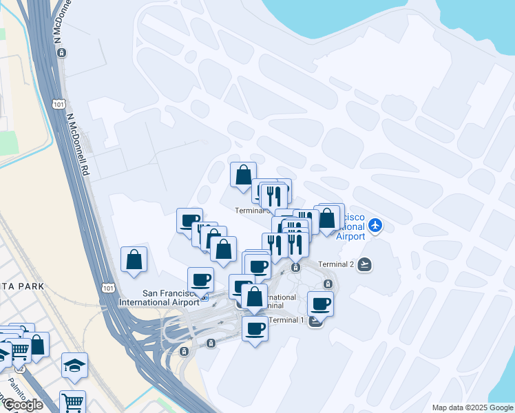 map of restaurants, bars, coffee shops, grocery stores, and more near 110 Domestic Terminals Departures Level in San Francisco