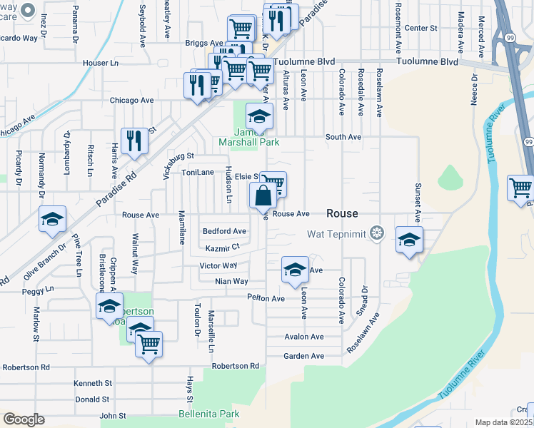 map of restaurants, bars, coffee shops, grocery stores, and more near Rouse Ave & Sutter Ave in Modesto