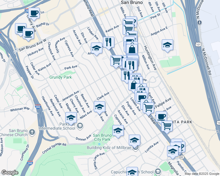 map of restaurants, bars, coffee shops, grocery stores, and more near 421 Elm Avenue in San Bruno